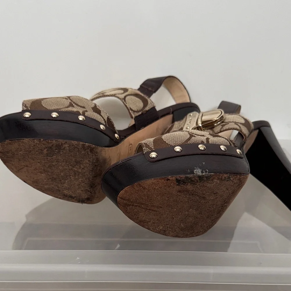 Coach Brown Platform Sandals with Gold Accents - Picture 10 of 11